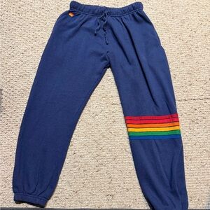 Aviator nation Ladies Navy Blue Sweatpants with Rainbow Stripes